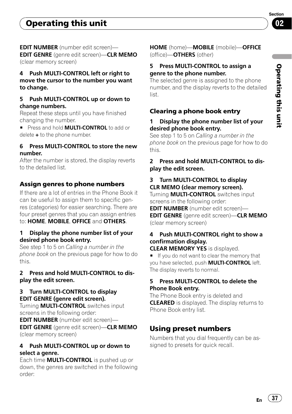 Using preset numbers 37, Operating this unit, Using preset numbers | Pioneer DEH-P700BT User Manual | Page 37 / 72