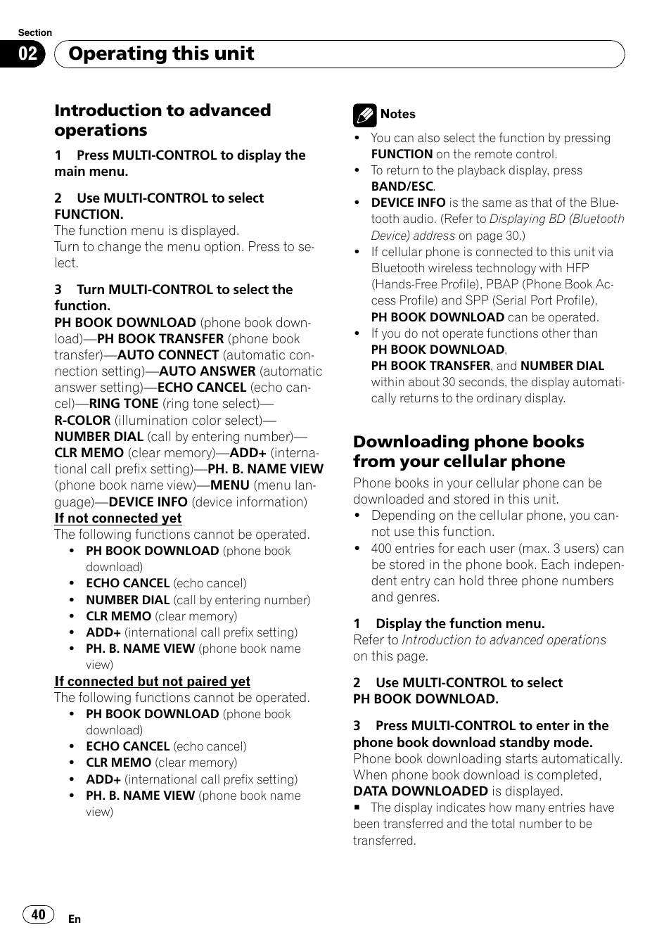 Introduction to advanced, Operations, Downloading phone books from your | Cellular phone, Operating this unit, Introduction to advanced operations, Downloading phone books from your cellular phone | Pioneer DEH-P700BT User Manual | Page 40 / 72