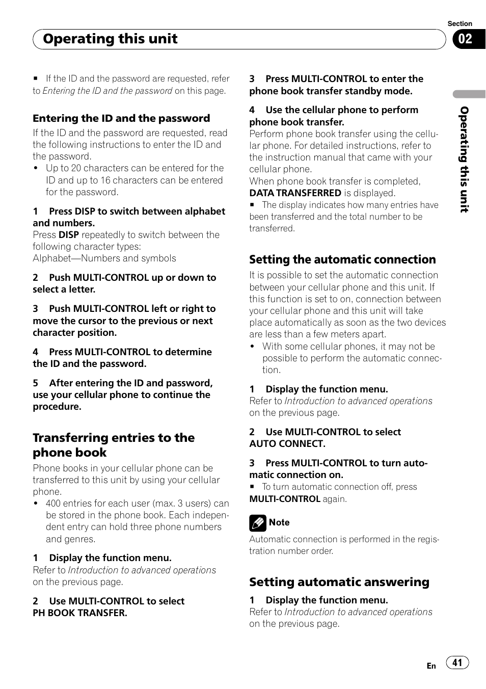 Transferring entries to the phone, Book, Setting the automatic connection 41 | Setting automatic answering 41, Operating this unit, Transferring entries to the phone book, Setting the automatic connection, Setting automatic answering | Pioneer DEH-P700BT User Manual | Page 41 / 72