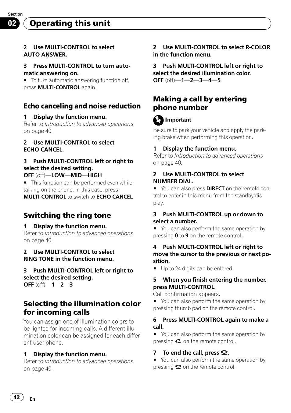 Echo canceling and noise, Reduction, Switching the ring tone 42 | Selecting the illumination color for, Incoming calls, Making a call by entering phone, Number, Operating this unit, Echo canceling and noise reduction, Switching the ring tone | Pioneer DEH-P700BT User Manual | Page 42 / 72