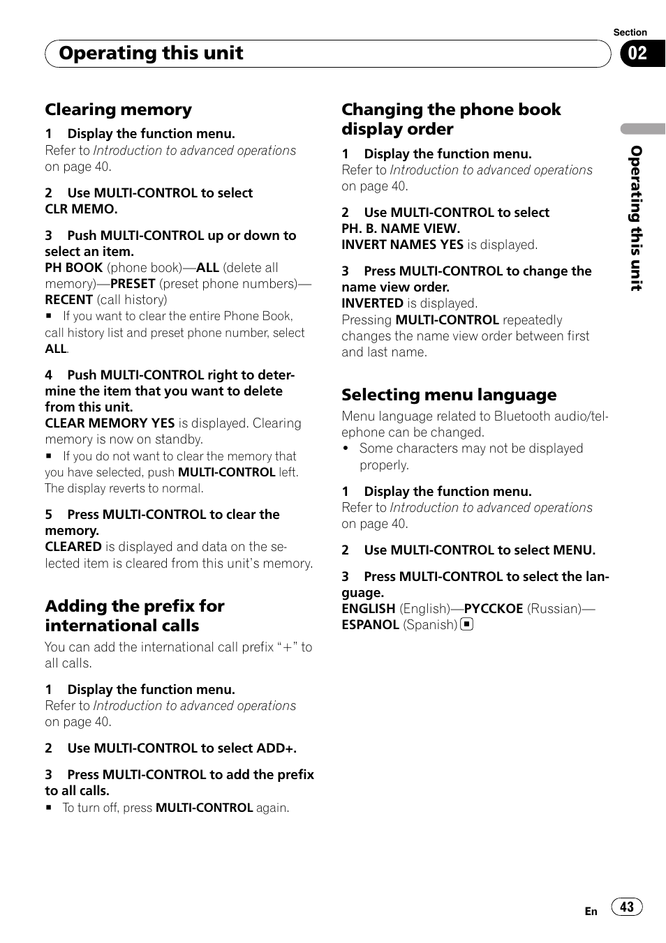 Clearing memory 43, Adding the prefix for international, Calls | Changing the phone book display, Order, Selecting menu language 43, Operating this unit, Adding the prefix for international calls, Changing the phone book display order, Selecting menu language | Pioneer DEH-P700BT User Manual | Page 43 / 72