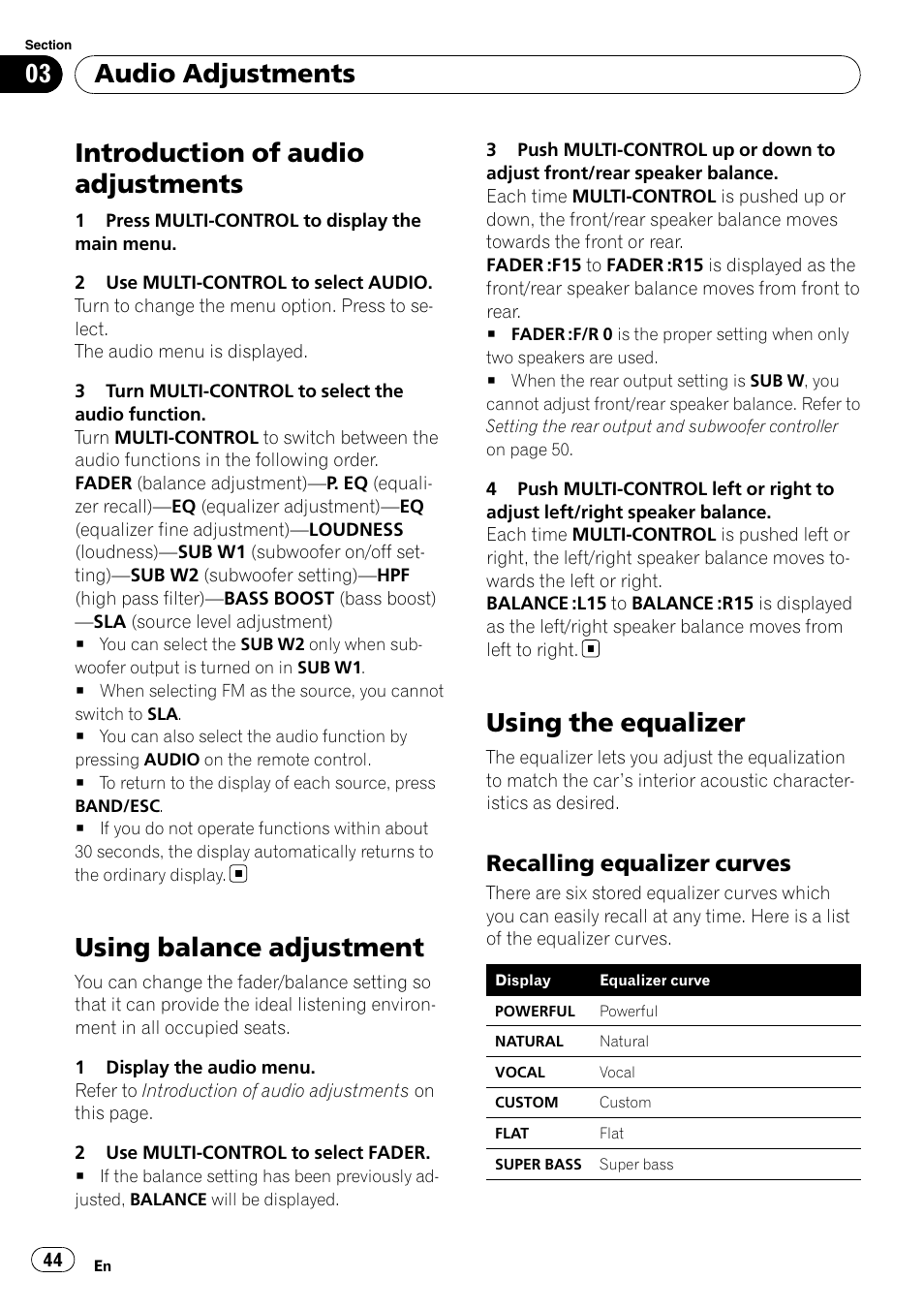 Using balance adjustment, Using the equalizer, Recalling equalizer curves 44 | Introduction of audio adjustments, Audio adjustments, Recalling equalizer curves | Pioneer DEH-P700BT User Manual | Page 44 / 72