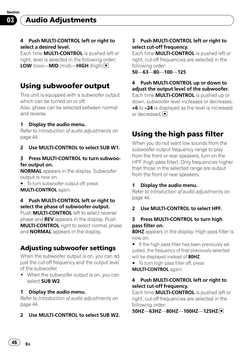 Using subwoofer output, Adjusting subwoofer settings 46, Using the high pass filter | Audio adjustments, Adjusting subwoofer settings | Pioneer DEH-P700BT User Manual | Page 46 / 72