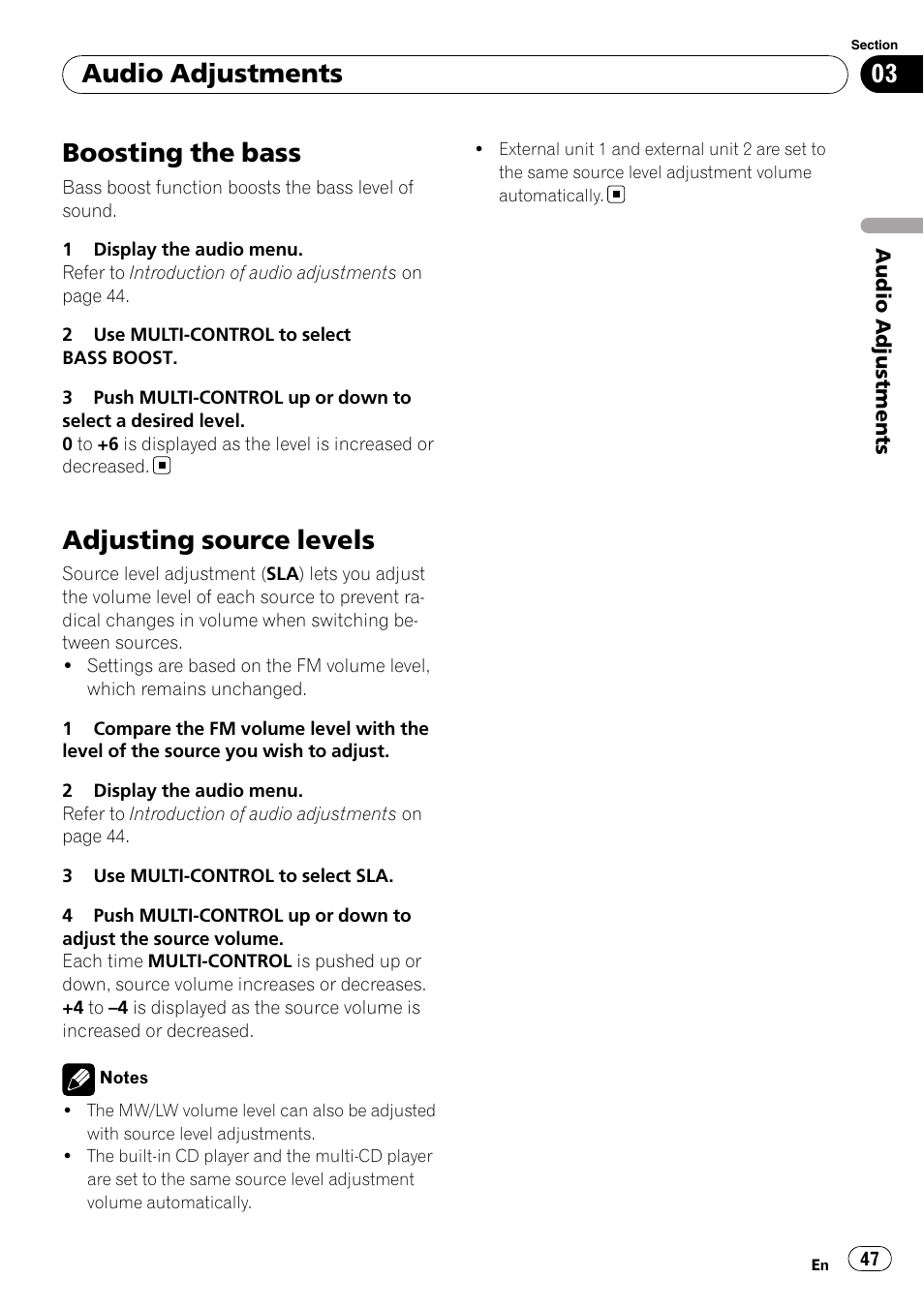 Boosting the bass, Adjusting source levels, Audio adjustments | Pioneer DEH-P700BT User Manual | Page 47 / 72