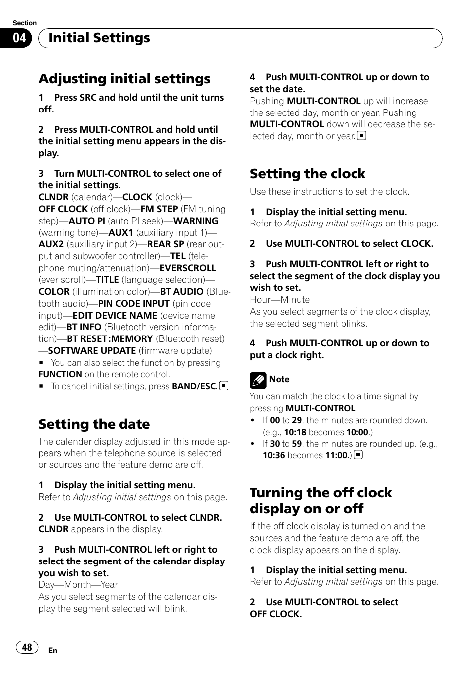 Initial settings adjusting initial settings, Setting the date, Setting the clock | Turning the off clock display on or off, Adjusting initial settings, Initial settings | Pioneer DEH-P700BT User Manual | Page 48 / 72