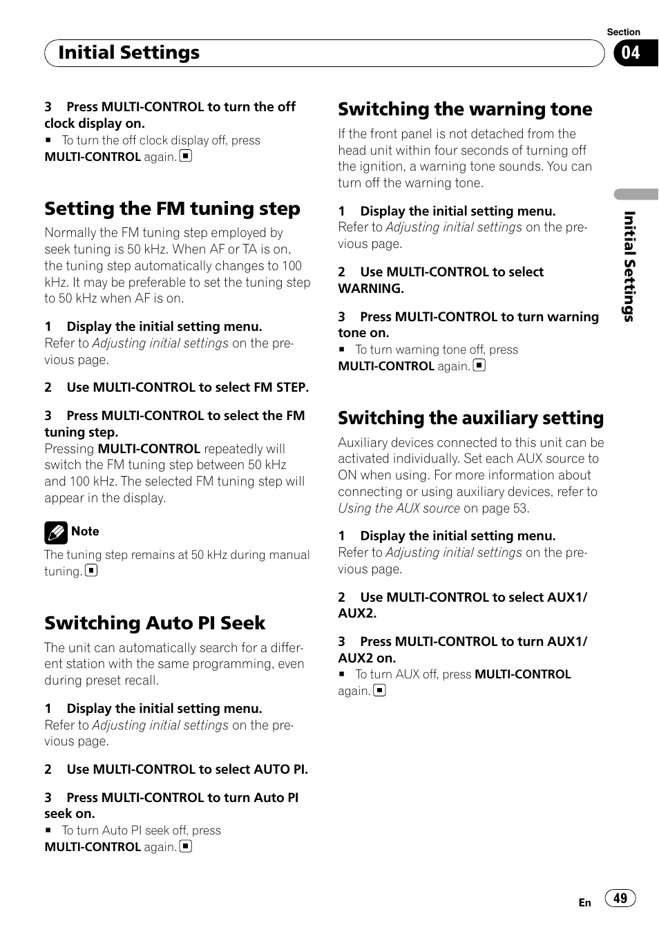 Setting the fm tuning step, Switching auto pi seek, Switching the warning tone | Switching the auxiliary setting, Initial settings | Pioneer DEH-P700BT User Manual | Page 49 / 72