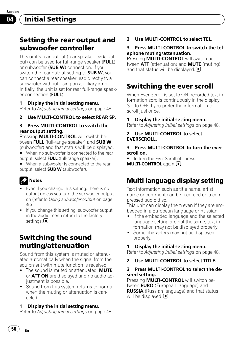 Setting the rear output and subwoofer, Controller, Switching the sound muting/attenuation | Switching the ever scroll, Multi language display setting, Setting the rear output and subwoofer controller, Initial settings | Pioneer DEH-P700BT User Manual | Page 50 / 72