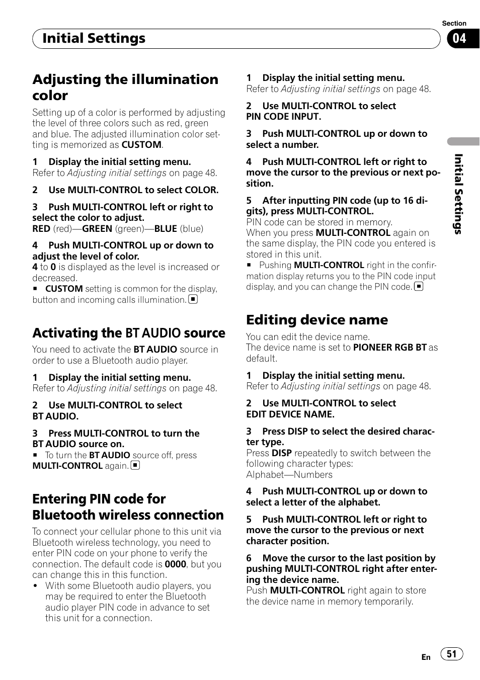 Adjusting the illumination color, Activating the bt audio source, Entering pin code for bluetooth wireless | Connection, Editing device name, Activating the, Bt audio source, Initial settings | Pioneer DEH-P700BT User Manual | Page 51 / 72