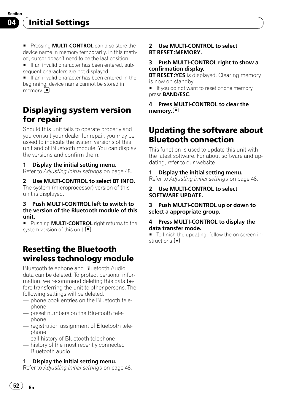 Displaying system version for repair, Resetting the bluetooth wireless technology, Module | Updating the software about bluetooth, Connection, Resetting the bluetooth wireless technology module, Updating the software about bluetooth connection, Initial settings | Pioneer DEH-P700BT User Manual | Page 52 / 72