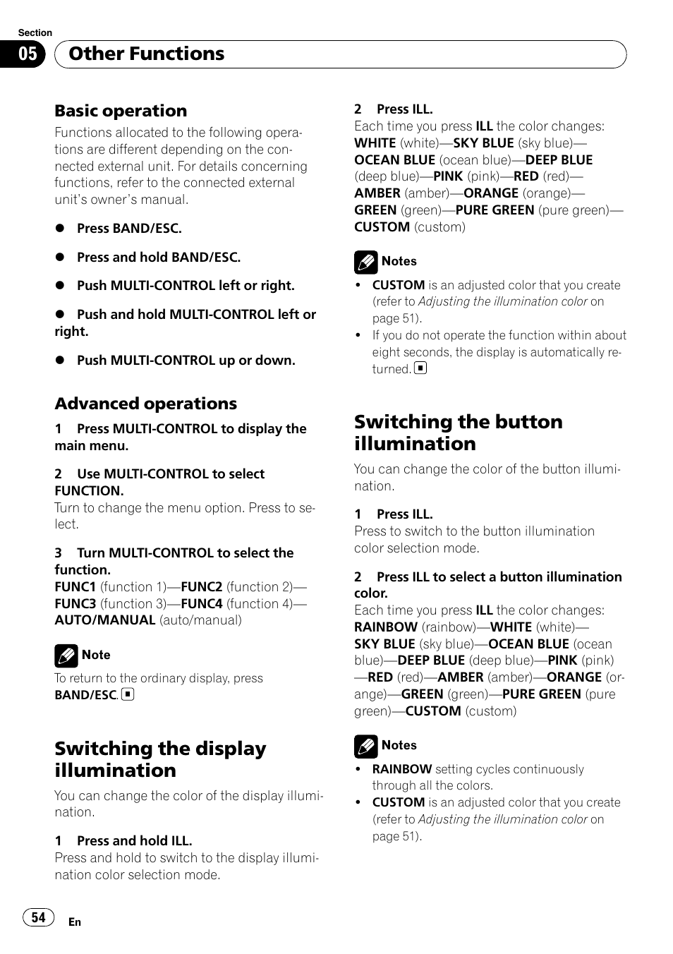 Basic operation 54, Advanced operations 54, Switching the display illumination | Switching the button illumination, Other functions, Basic operation, Advanced operations | Pioneer DEH-P700BT User Manual | Page 54 / 72