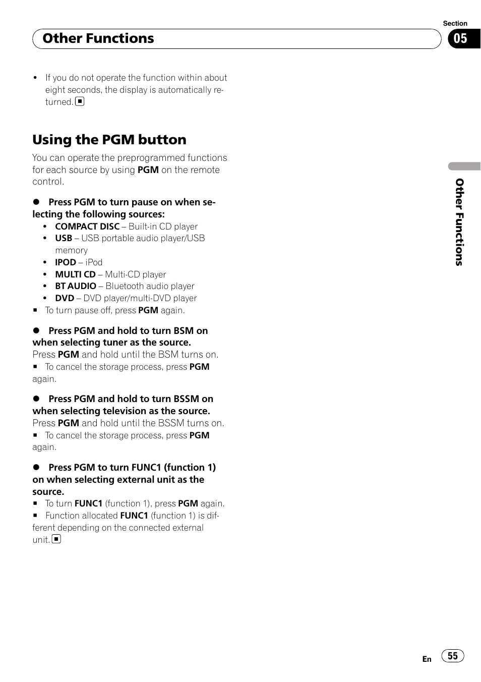 Using the pgm button, Other functions | Pioneer DEH-P700BT User Manual | Page 55 / 72