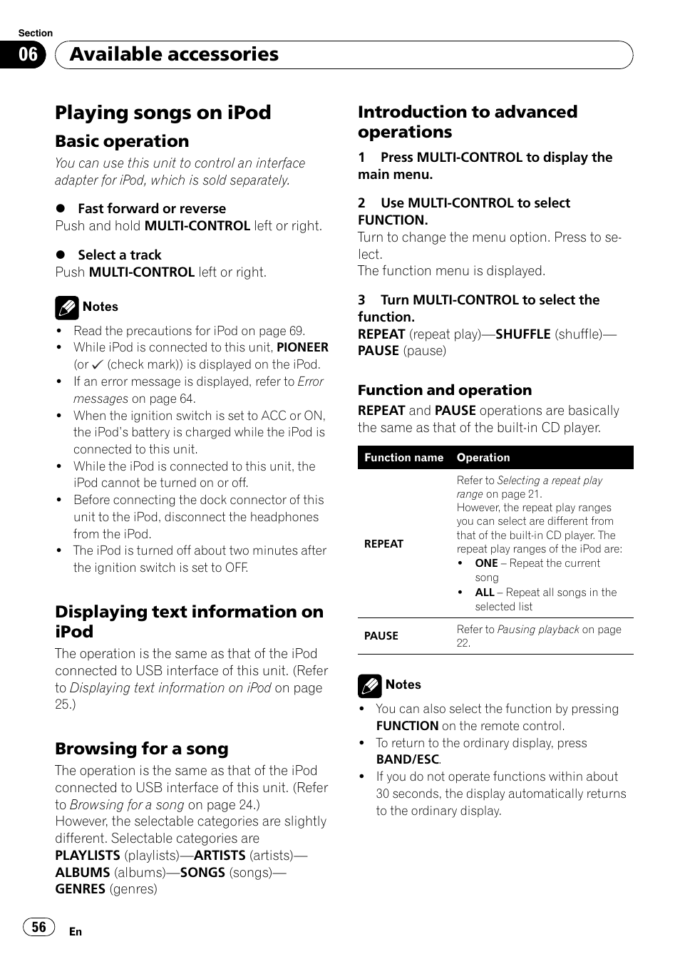 Available accessories playing songs on ipod, Basic operation 56, Displaying text information on | Ipod, Browsing for a song 56, Introduction to advanced, Operations, Playing songs on ipod, Available accessories, Basic operation | Pioneer DEH-P700BT User Manual | Page 56 / 72