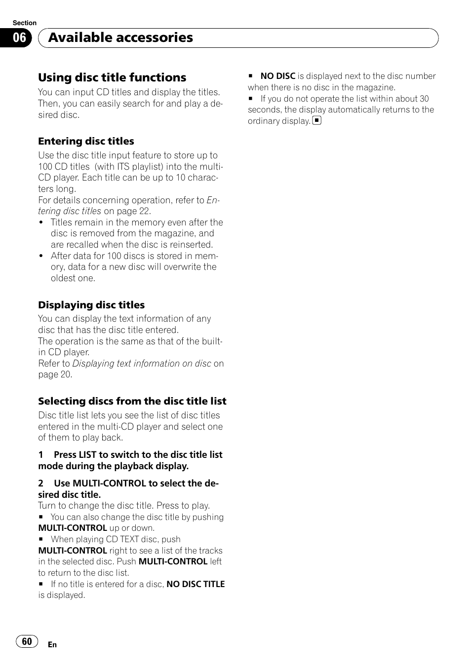 Using disc title functions 60, Available accessories, Using disc title functions | Pioneer DEH-P700BT User Manual | Page 60 / 72