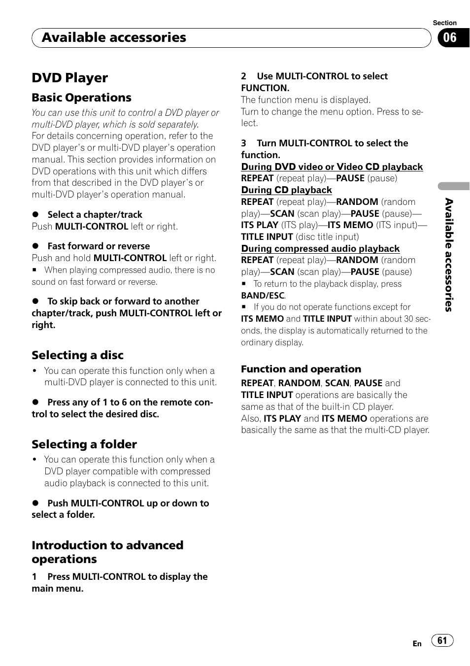 Dvd player, Basic operations 61, Selecting a disc 61 | Selecting a folder 61, Introduction to advanced, Operations, Available accessories | Pioneer DEH-P700BT User Manual | Page 61 / 72
