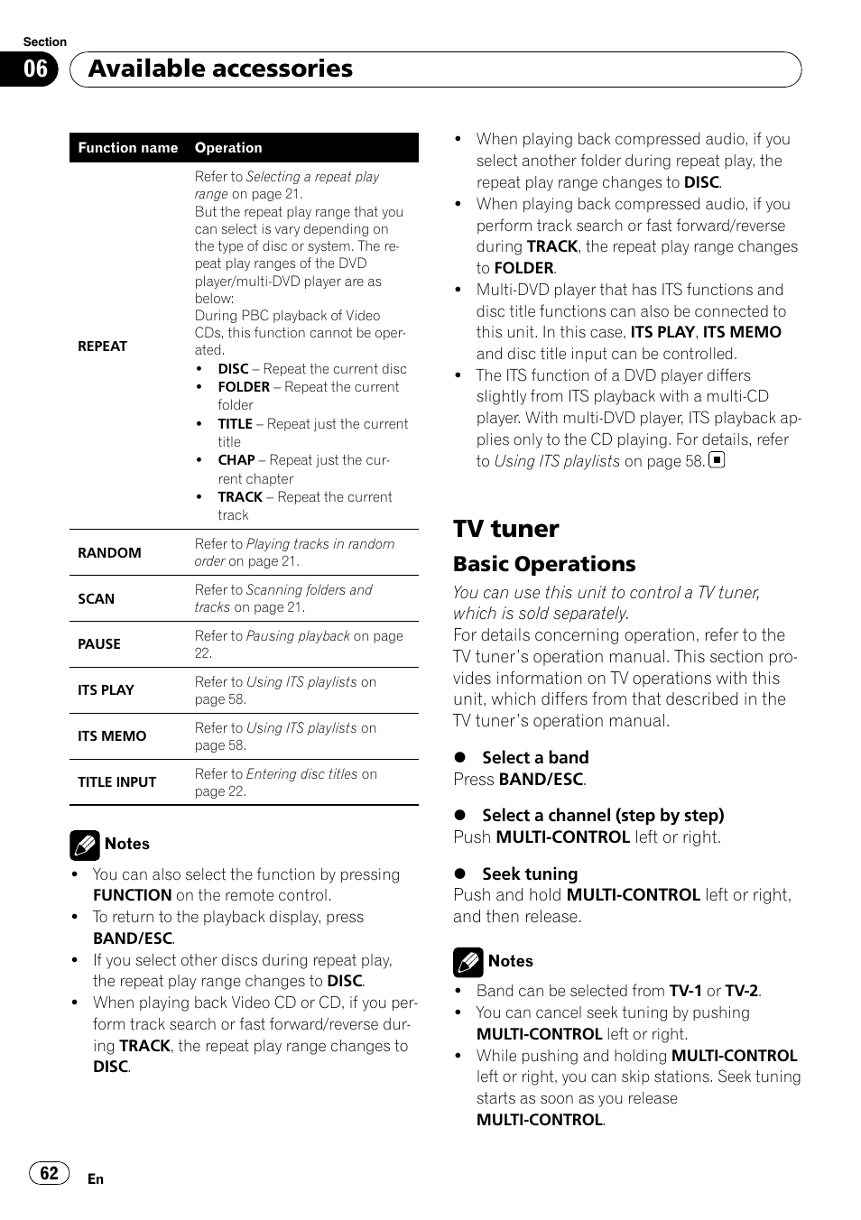 Tv tuner, Basic operations 62, Available accessories | Basic operations | Pioneer DEH-P700BT User Manual | Page 62 / 72
