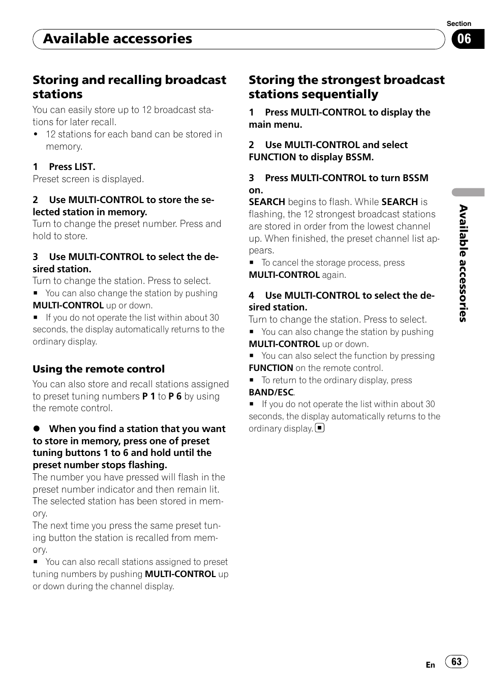 Storing and recalling broadcast, Stations, Storing the strongest broadcast | Stations sequentially, Available accessories, Storing and recalling broadcast stations | Pioneer DEH-P700BT User Manual | Page 63 / 72