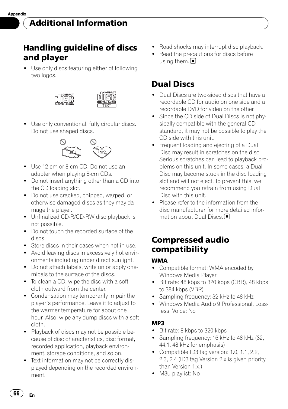 Handling guideline of discs and player, Dual discs, Compressed audio compatibility | Additional information | Pioneer DEH-P700BT User Manual | Page 66 / 72