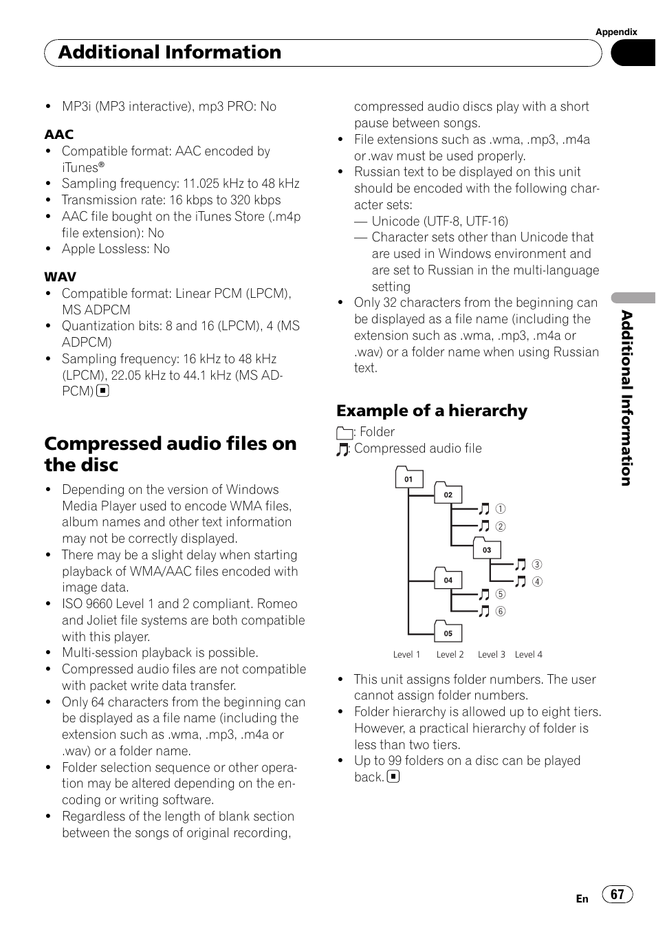 Compressed audio files on the disc, Example of a hierarchy 67, Additional information | Example of a hierarchy | Pioneer DEH-P700BT User Manual | Page 67 / 72