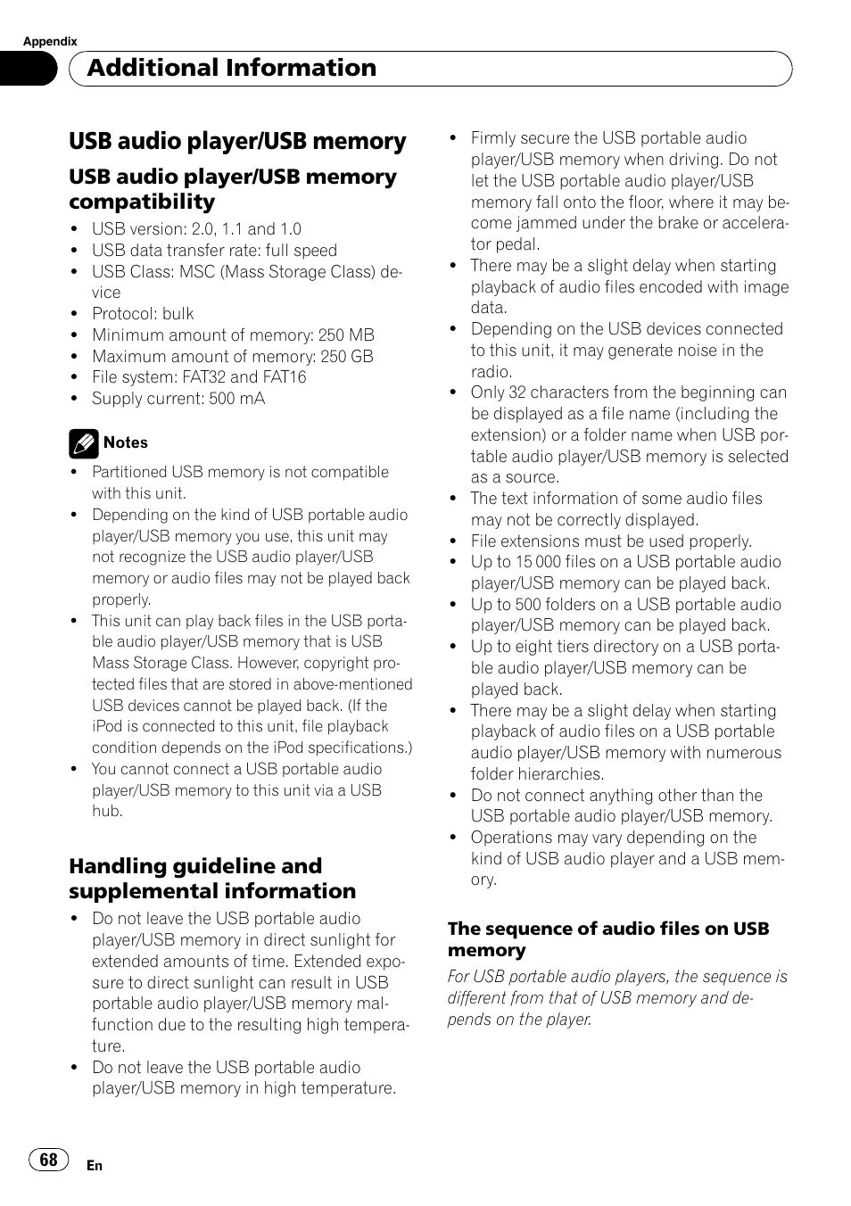 Usb audio player/usb memory, Compatibility, Handling guideline and supplemental | Information, Additional information, Handling guideline and supplemental information | Pioneer DEH-P700BT User Manual | Page 68 / 72