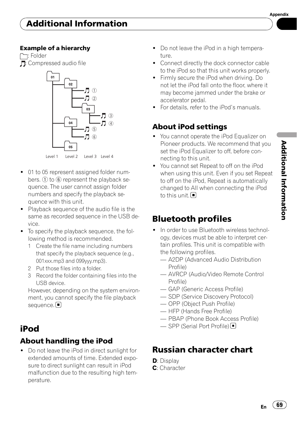 Ipod, About handling the ipod 69, About ipod settings 69 | Bluetooth profiles, Russian character chart, Additional information, About handling the ipod, About ipod settings | Pioneer DEH-P700BT User Manual | Page 69 / 72