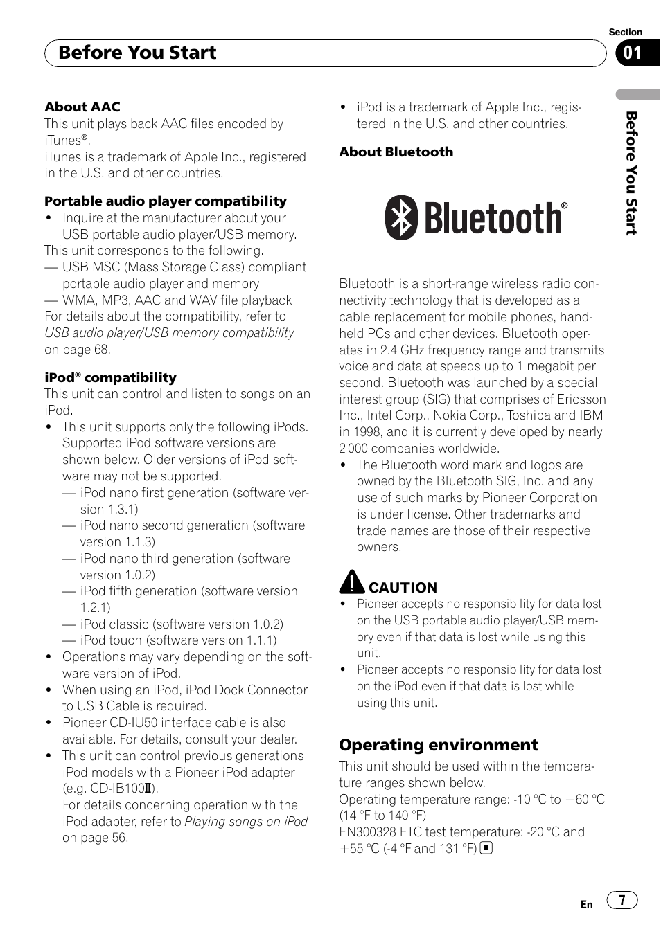 Operating environment 7, Before you start, Operating environment | Pioneer DEH-P700BT User Manual | Page 7 / 72