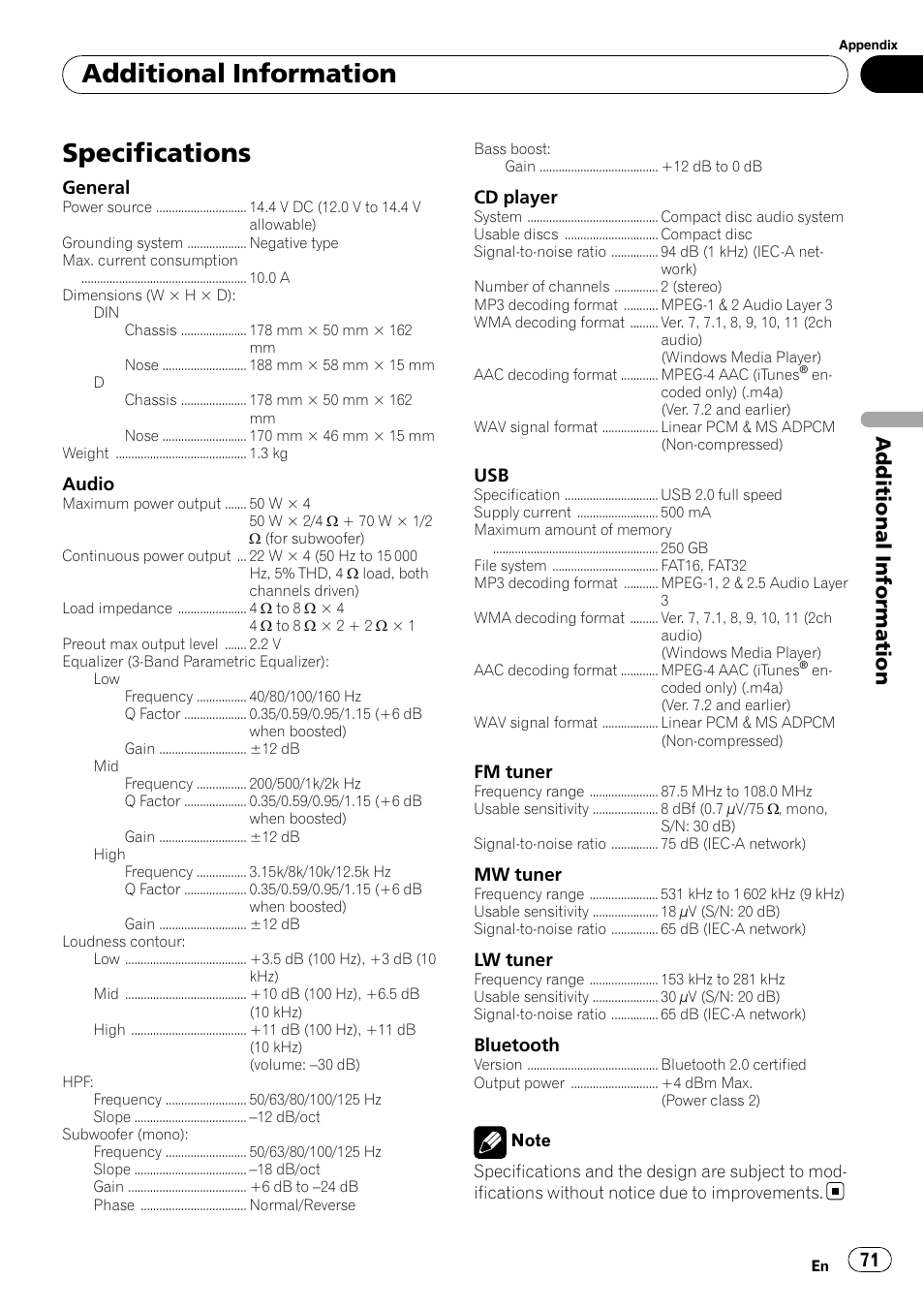 Specifications, Additional information | Pioneer DEH-P700BT User Manual | Page 71 / 72