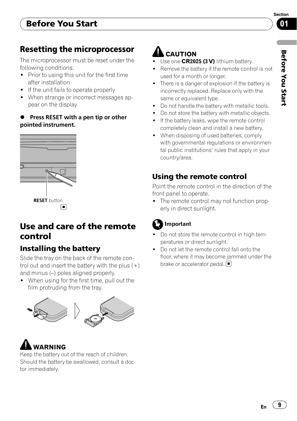 Resetting the microprocessor, Use and care of the remote control, Installing the battery 9 | Using the remote control 9, Before you start, Installing the battery, Using the remote control | Pioneer DEH-P700BT User Manual | Page 9 / 72