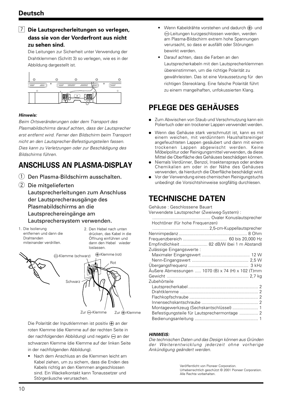 Technische daten, Pflege des gehäuses, Anschluss an plasma-display | Deutsch | Pioneer PDP-S08 User Manual | Page 10 / 20