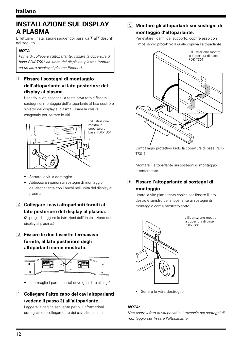 Installazione sul display a plasma, Italiano | Pioneer PDP-S08 User Manual | Page 12 / 20