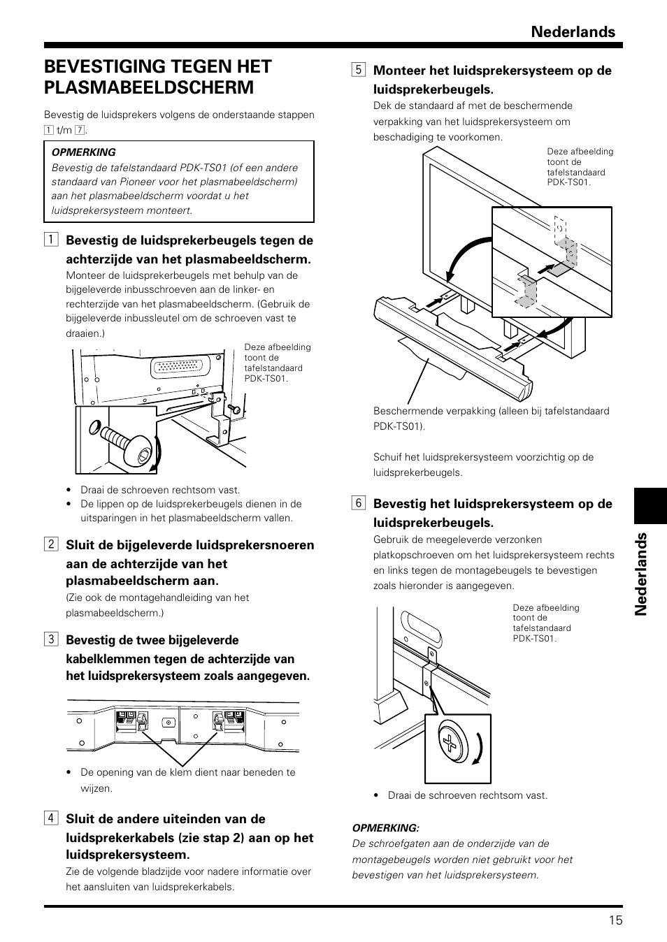 Bevestiging tegen het plasmabeeldscherm, Nederlands | Pioneer PDP-S08 User Manual | Page 15 / 20