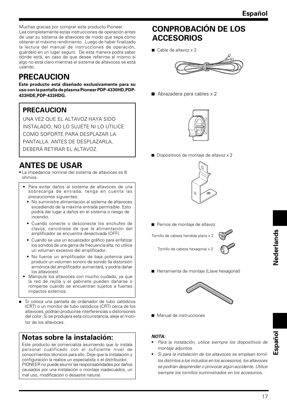 Conprobación de los accesorios, Precaucion, Antes de usar | Notas sobre la instalación, Español, Nederlands precaucion | Pioneer PDP-S08 User Manual | Page 17 / 20