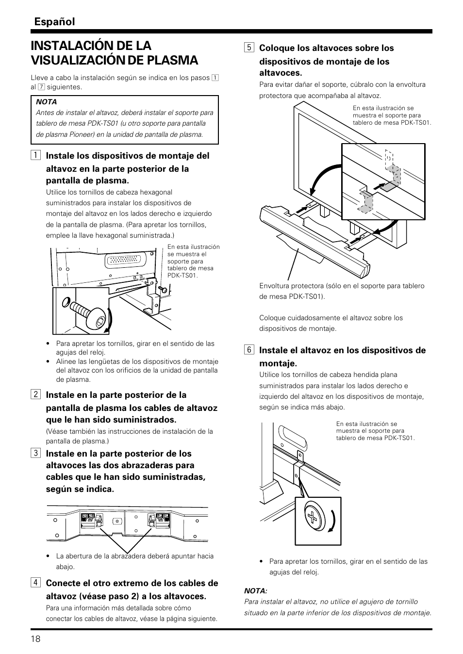 Instalación de la visualización de plasma, Español | Pioneer PDP-S08 User Manual | Page 18 / 20