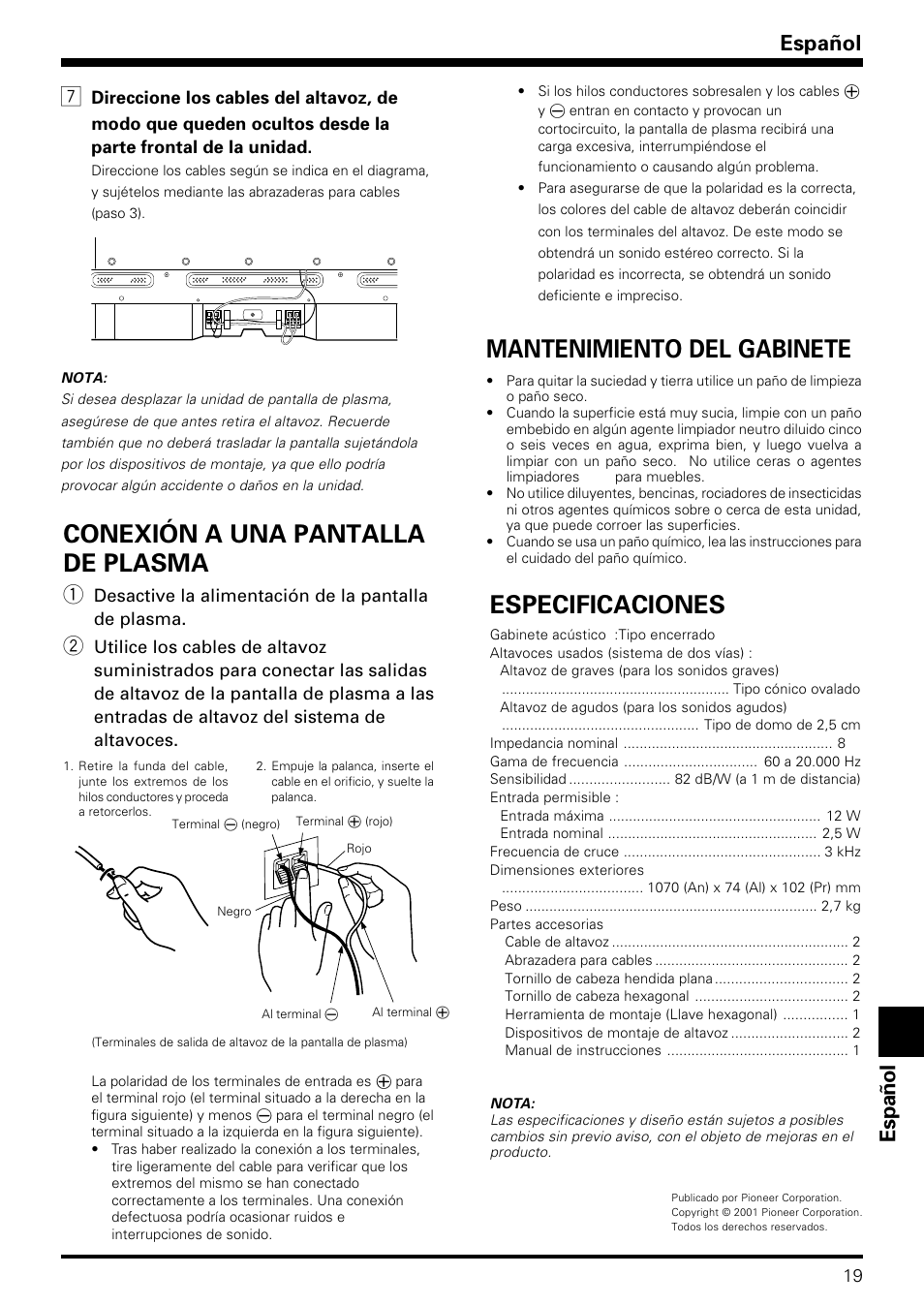 Conexión a una pantalla de plasma, Especificaciones, Mantenimiento del gabinete | Espa ñ ol español | Pioneer PDP-S08 User Manual | Page 19 / 20