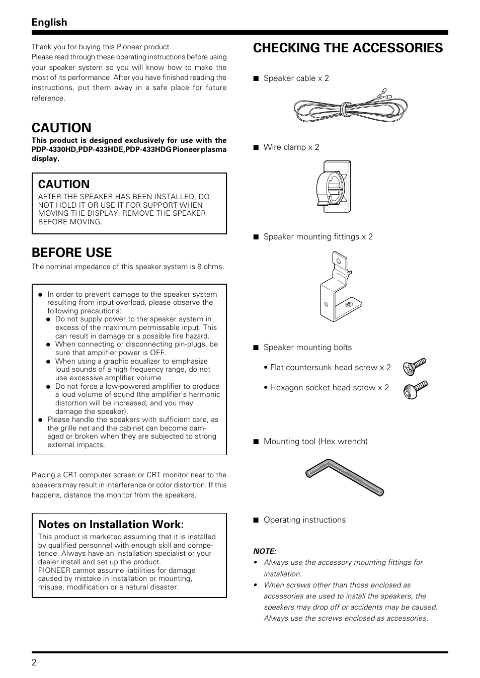 Checking the accessories, Before use, Caution | English | Pioneer PDP-S08 User Manual | Page 2 / 20