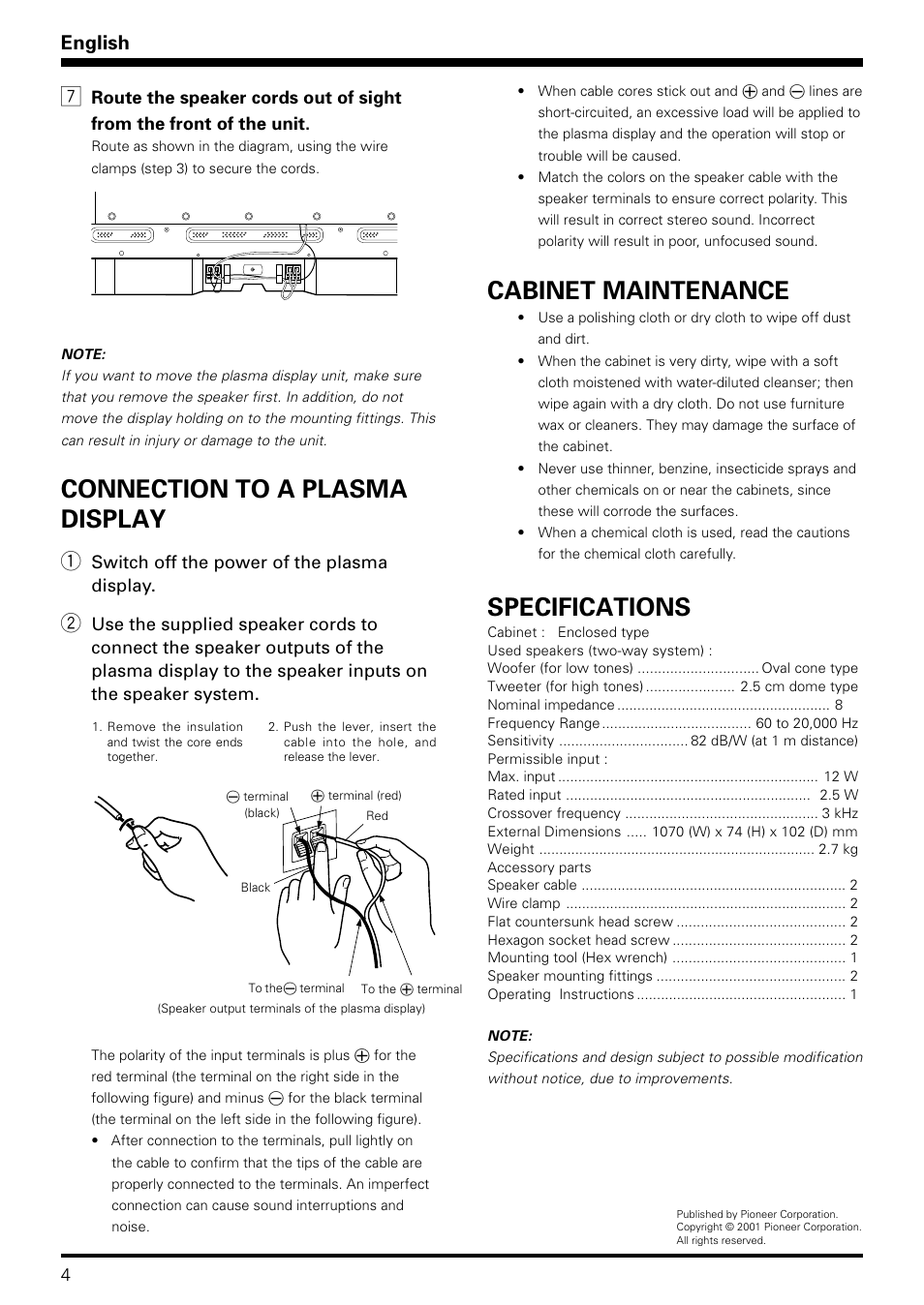 Cabinet maintenance, Connection to a plasma display, Specifications | English | Pioneer PDP-S08 User Manual | Page 4 / 20