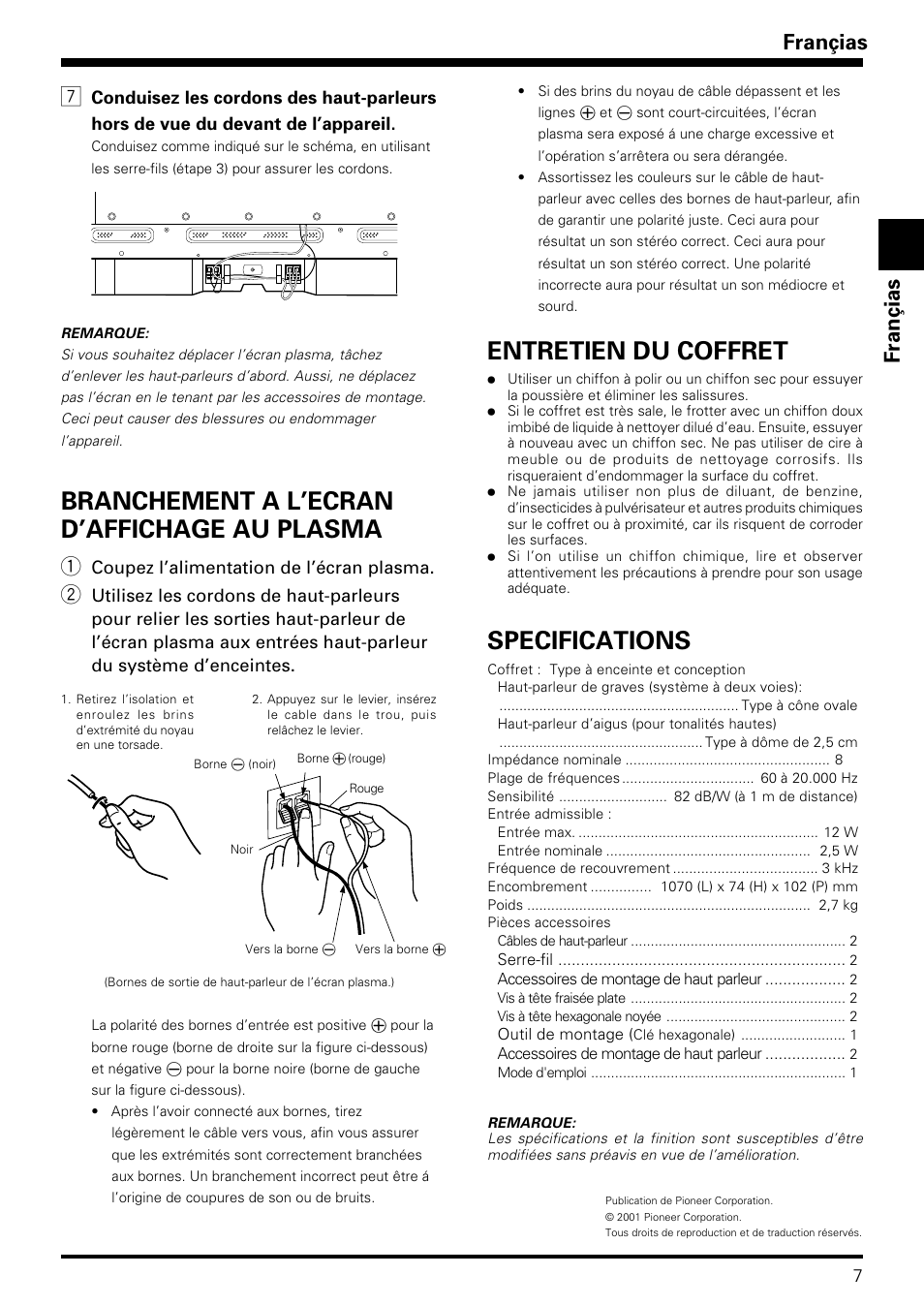 Specifications, Entretien du coffret, Branchement a l’ecran d’affichage au plasma | Françias fran ç ias | Pioneer PDP-S08 User Manual | Page 7 / 20