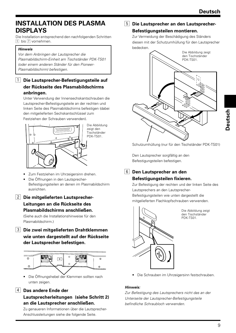 Installation des plasma displays, Deutsch | Pioneer PDP-S08 User Manual | Page 9 / 20