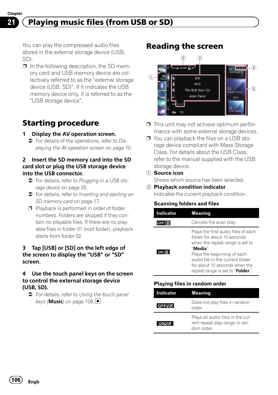 Reading the screen, Starting procedure, 21 playing music files (from usb or sd) | Pioneer AVIC-F9310BT User Manual | Page 106 / 208