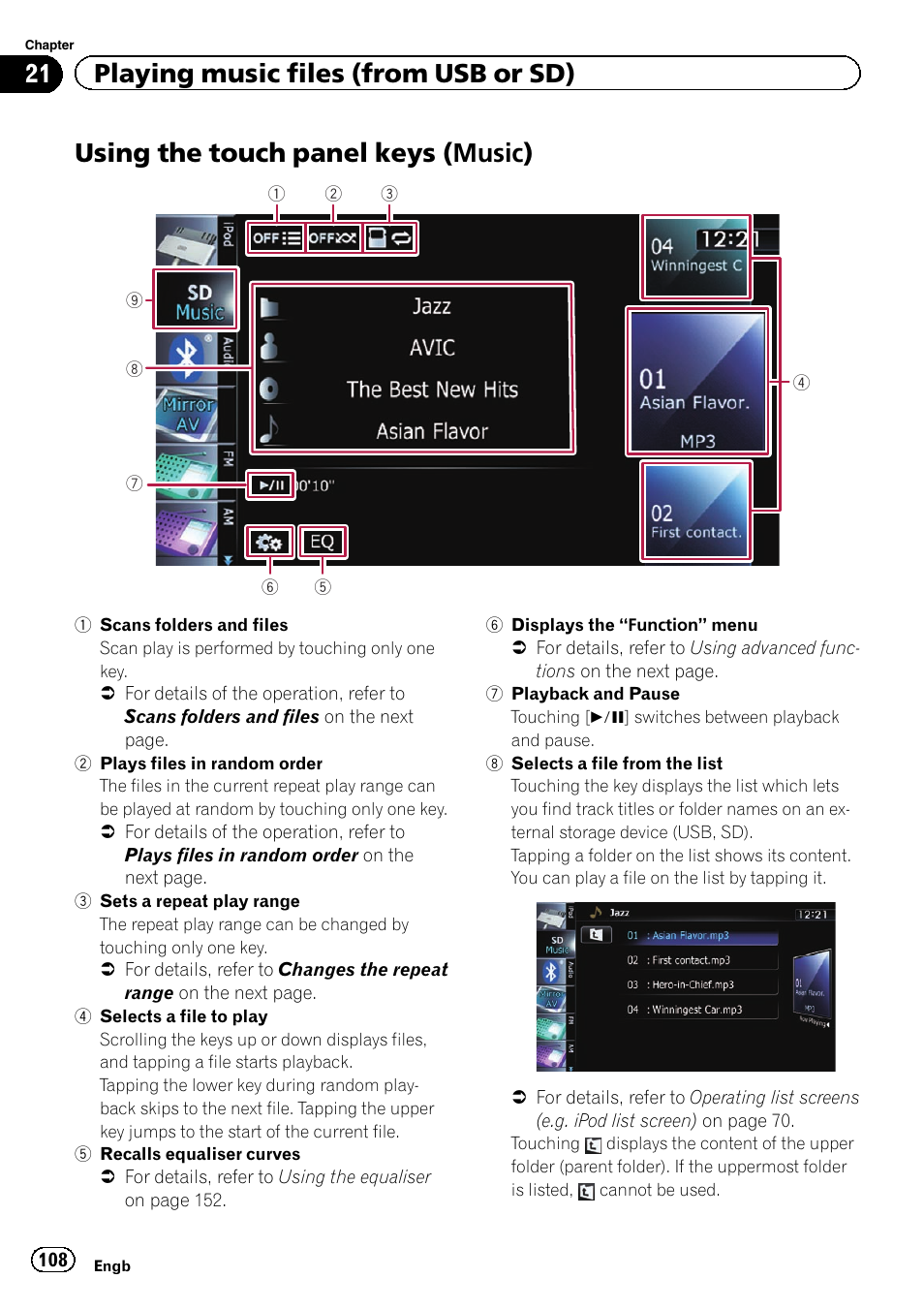Using the touch panel keys (music), Using the touch panel, Keys | 21 playing music files (from usb or sd) | Pioneer AVIC-F9310BT User Manual | Page 108 / 208