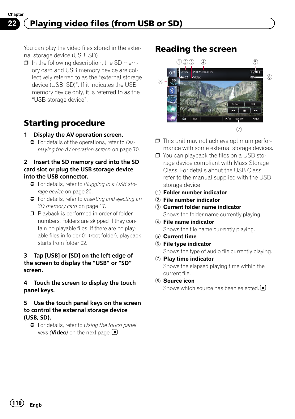 Reading the screen, Starting procedure, 22 playing video files (from usb or sd) | Pioneer AVIC-F9310BT User Manual | Page 110 / 208