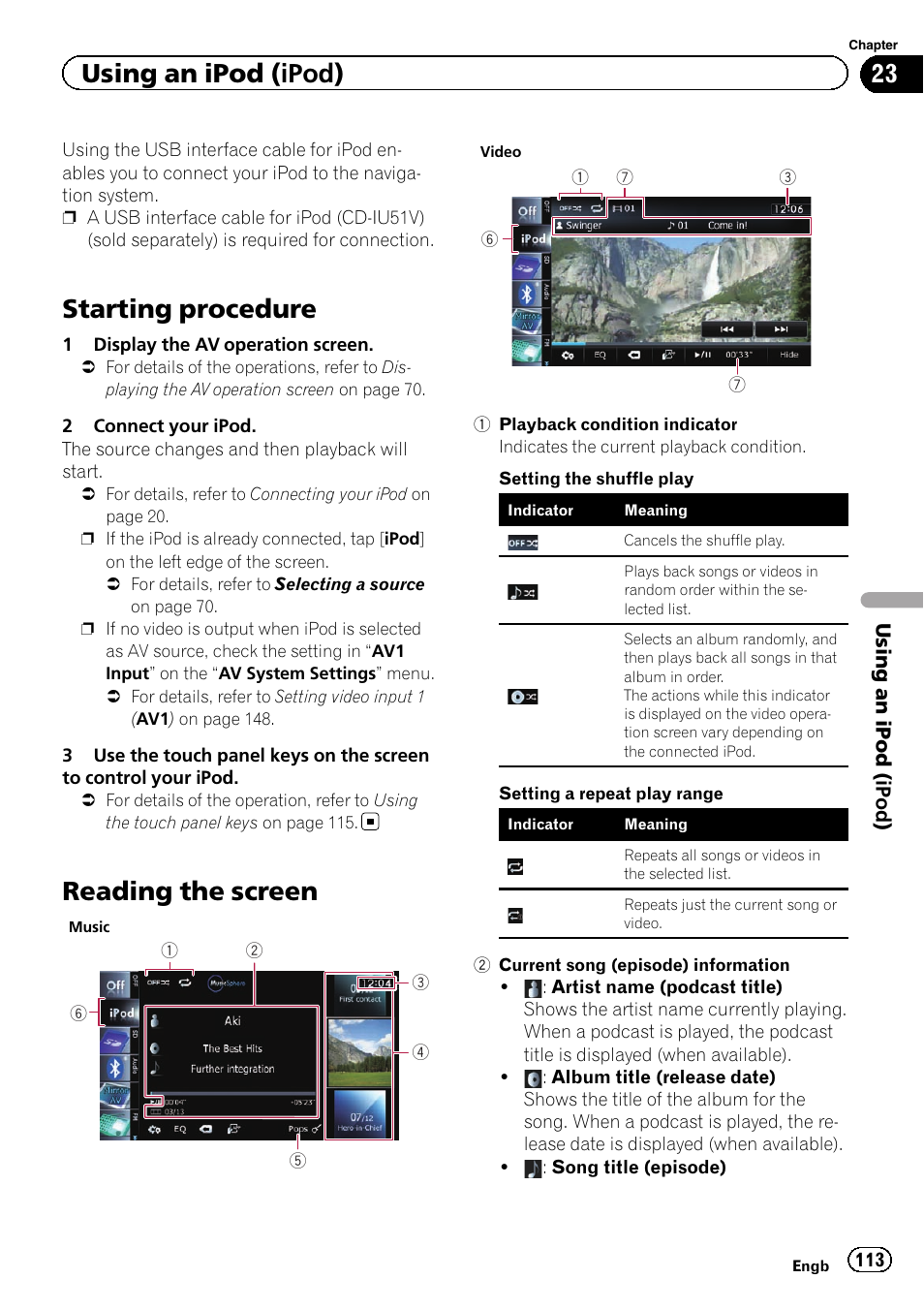 Using an ipod (ipod) starting procedure, Reading the screen, Starting procedure | Using an ipod (ipod) | Pioneer AVIC-F9310BT User Manual | Page 113 / 208