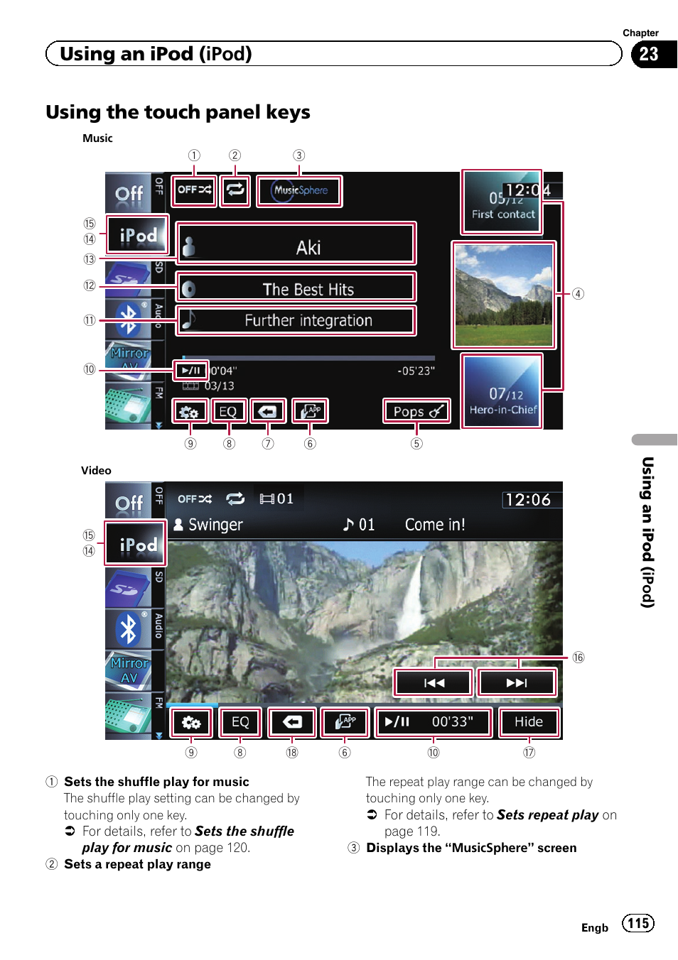 Using the touch panel keys, Using, Using an ipod (ipod) | Pioneer AVIC-F9310BT User Manual | Page 115 / 208