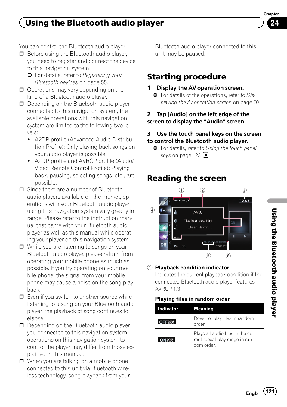 Reading the screen, Starting procedure, Using the bluetooth audio player | Pioneer AVIC-F9310BT User Manual | Page 121 / 208