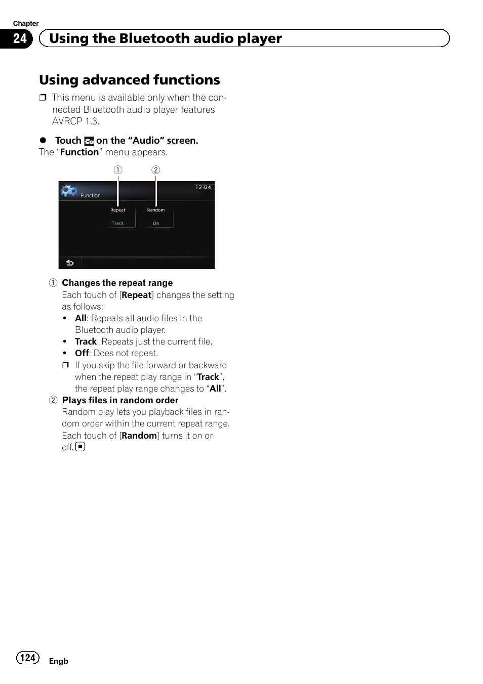 Using advanced functions, Plays files in ran, Changes the repeat | Using advanced func, 24 using the bluetooth audio player | Pioneer AVIC-F9310BT User Manual | Page 124 / 208