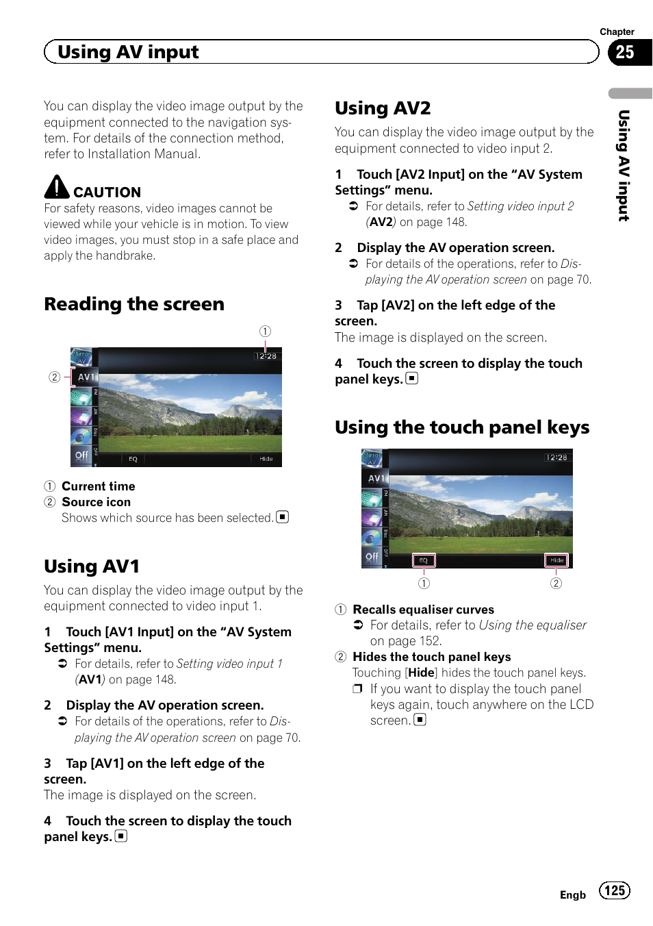 Using av input reading the screen, Using av1, Using av2 | Using the touch panel keys, Reading the screen, Using av input | Pioneer AVIC-F9310BT User Manual | Page 125 / 208