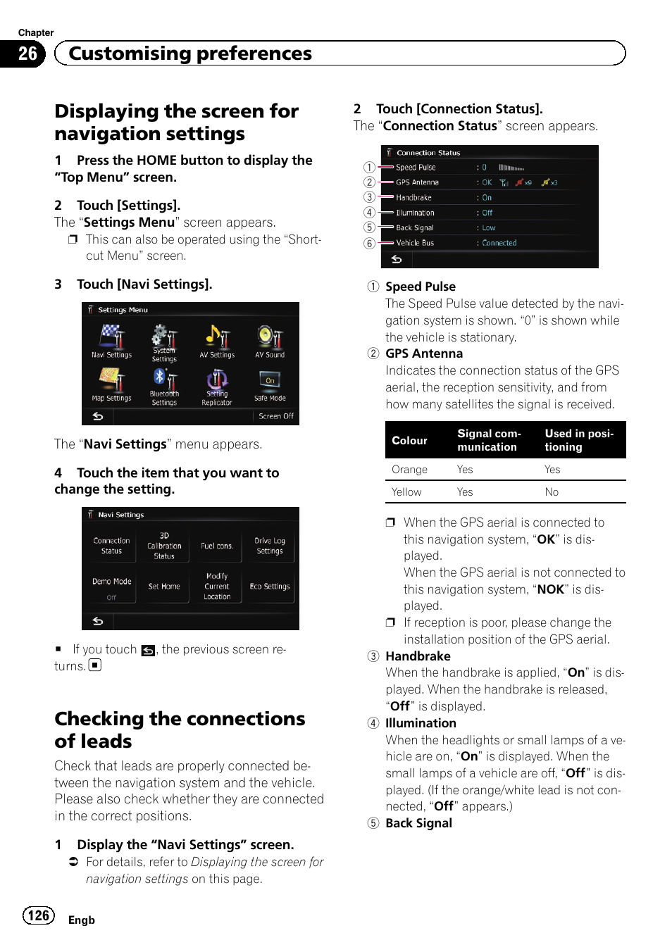 Settings, Checking the connections of leads, Displaying the screen for navigation settings | 26 customising preferences | Pioneer AVIC-F9310BT User Manual | Page 126 / 208