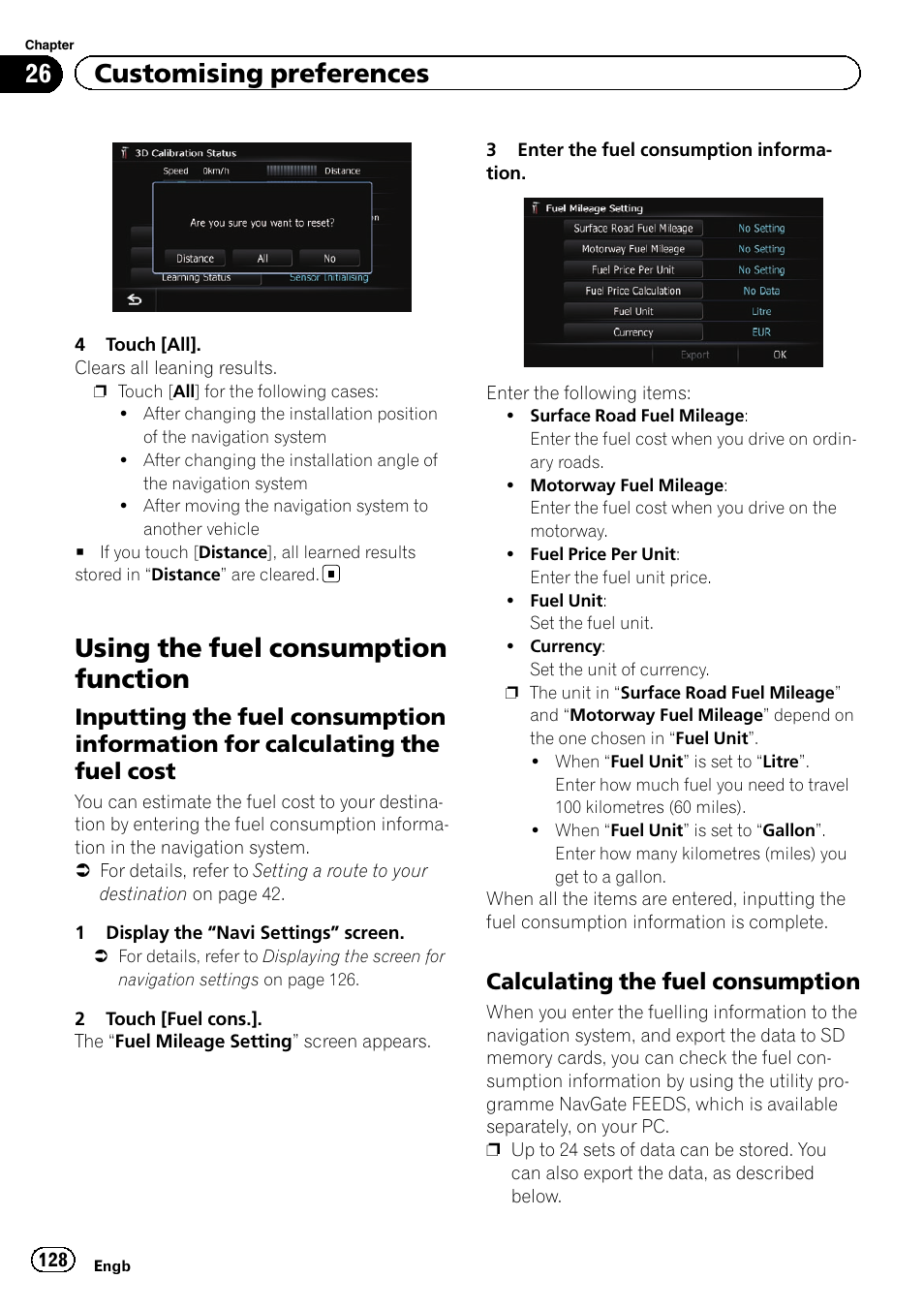 Using the fuel consumption function, Inputting the fuel consumption, Information for calculating the fuel cost | Calculating the fuel consumption 128, Inputting the fuel, 26 customising preferences, Calculating the fuel consumption | Pioneer AVIC-F9310BT User Manual | Page 128 / 208