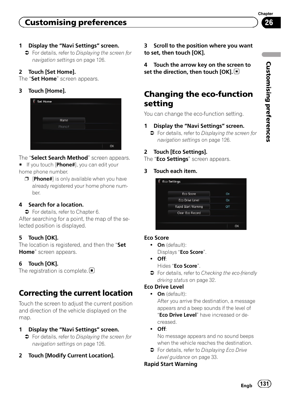 Correcting the current location, Changing the eco-function setting, Changing the eco-func | Chan, Customising preferences | Pioneer AVIC-F9310BT User Manual | Page 131 / 208