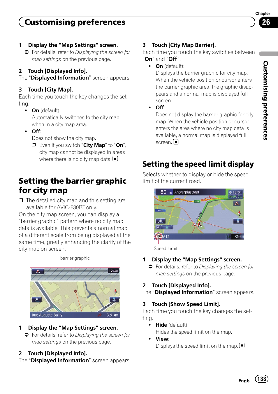 Setting the barrier graphic for city map, Setting the speed limit display, Customising preferences | Pioneer AVIC-F9310BT User Manual | Page 133 / 208