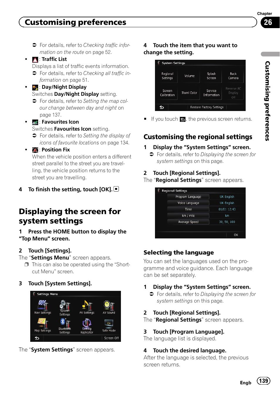 Displaying the screen for system, Settings, Customising the regional settings 139 | Displaying the screen for system settings, Customising preferences, Customising the regional settings | Pioneer AVIC-F9310BT User Manual | Page 139 / 208